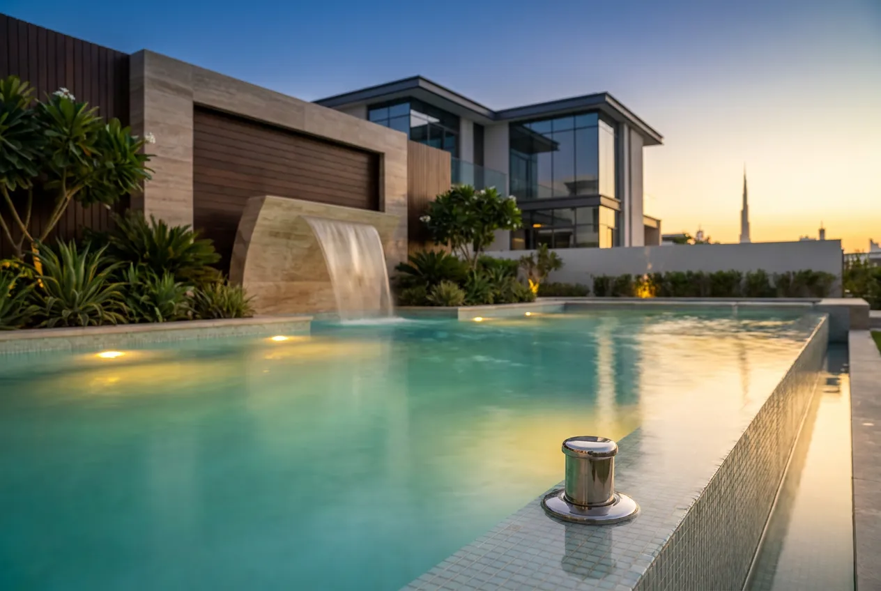 A finished luxury swimming pool at a Dubai villa at dusk